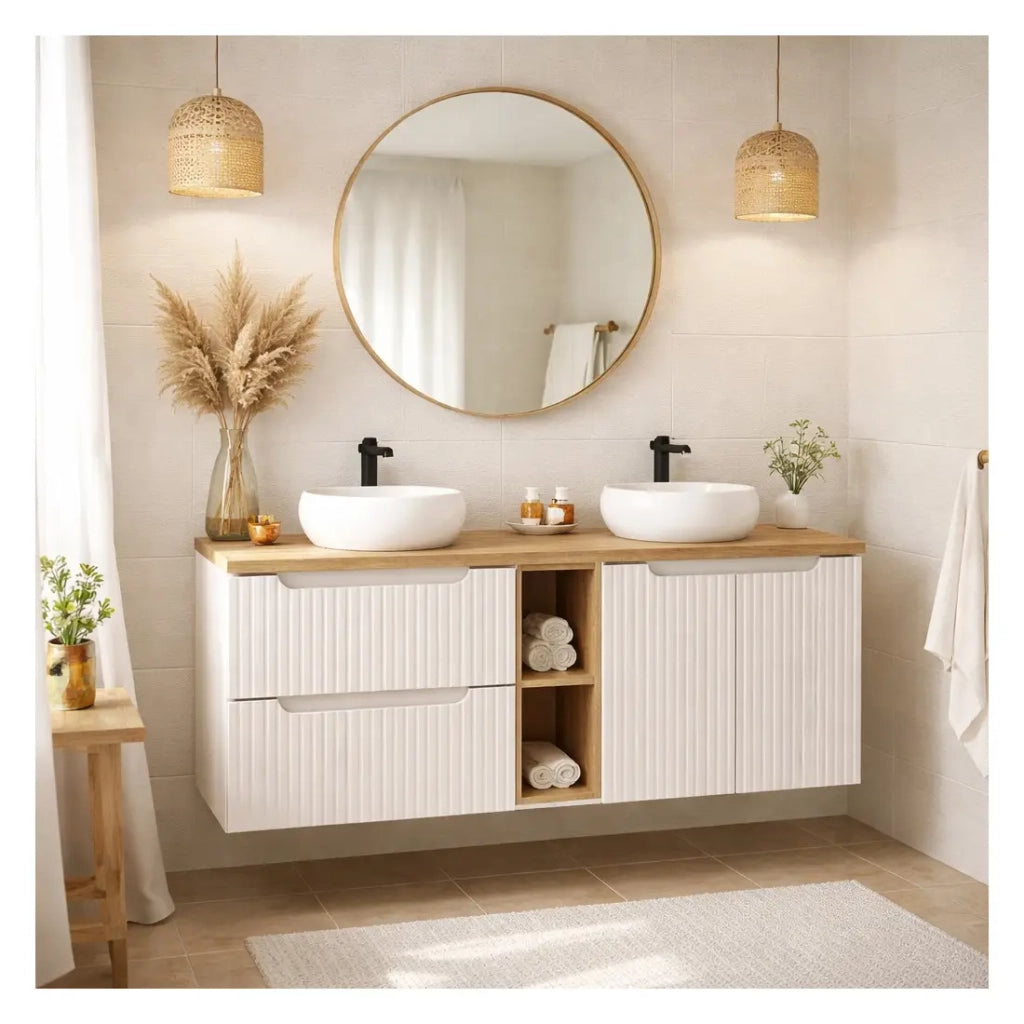 Insieme VANO cashmere e quercia 140cm: mobili sotto lavabo con cassetti e armadietti con nicchie visibili + lavabi da appoggio rotondi