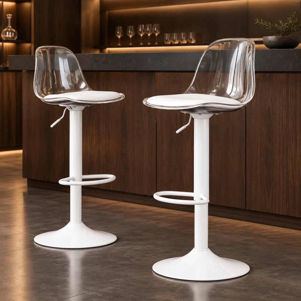 Set di 2 sgabelli da bar regolabili 82-104 cm con schienale trasparente e base bianca