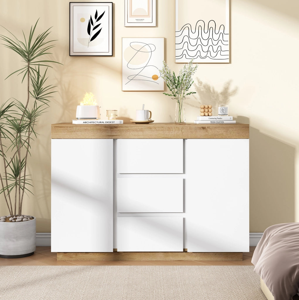 Comò classico bianco e rovere con 3 cassetti e 2 ante
