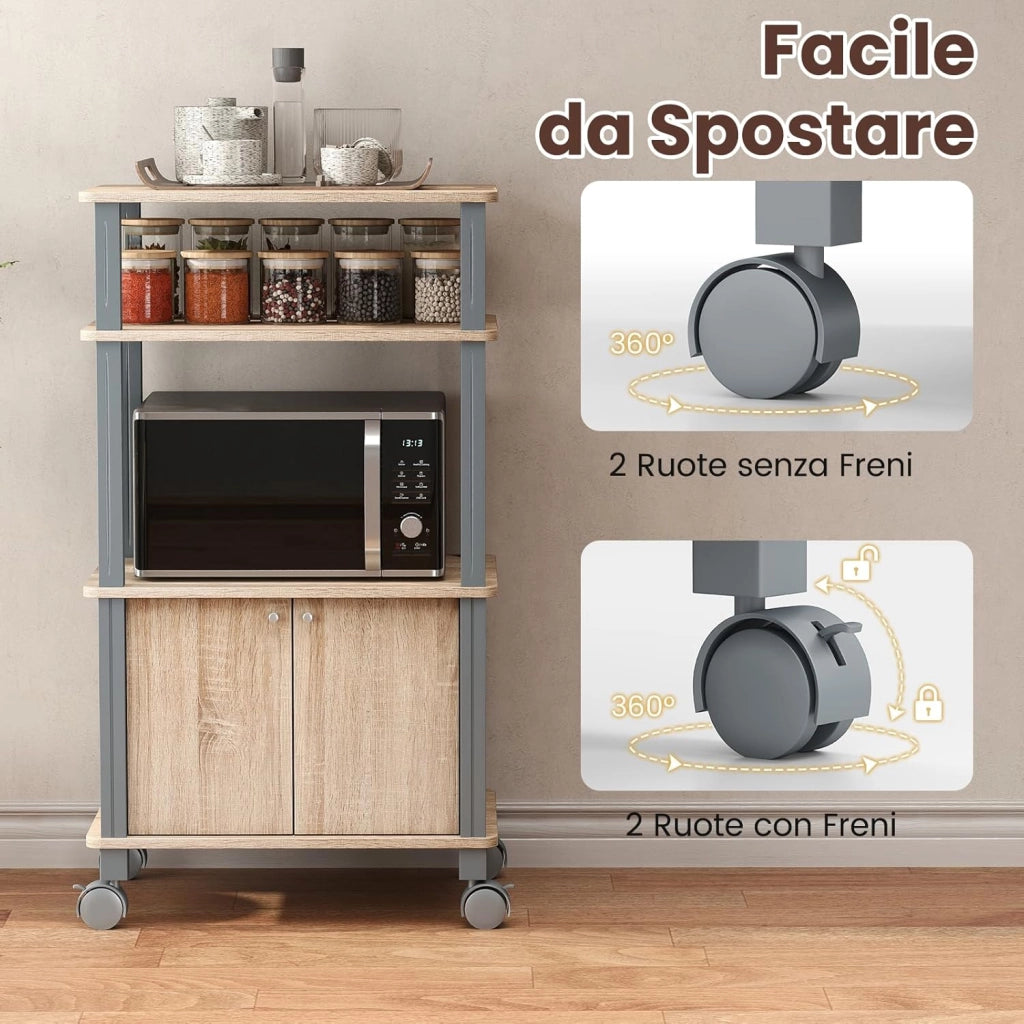 Scaffale da Cucina per Microonde Carrello da Cucina, con Ruote e 2 Ante, Multifunzionale e Movimento Flessibile, 60x40x98 cm (Naturale)