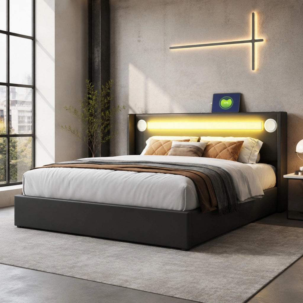 Letto matrimoniale contenitore 160x200 cm con LED; Bluetooth e 2 porte USB; rivestimento nero