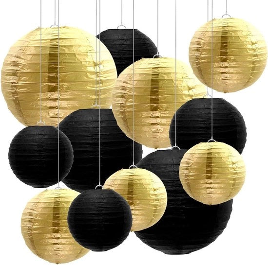 Set di 12 lanterne a palloncino in carta rotonde, realizzate a mano, lanterne da appendere per decorazioni di festa nera e oro - decorazioni di matrimonio e di festa