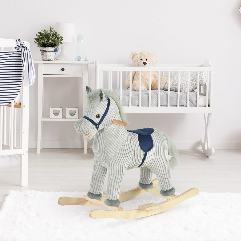 Cavallo a Dondolo per Bambini 3-6 Anni con Suoni in Peluche, 73x35x64cm, Grigio