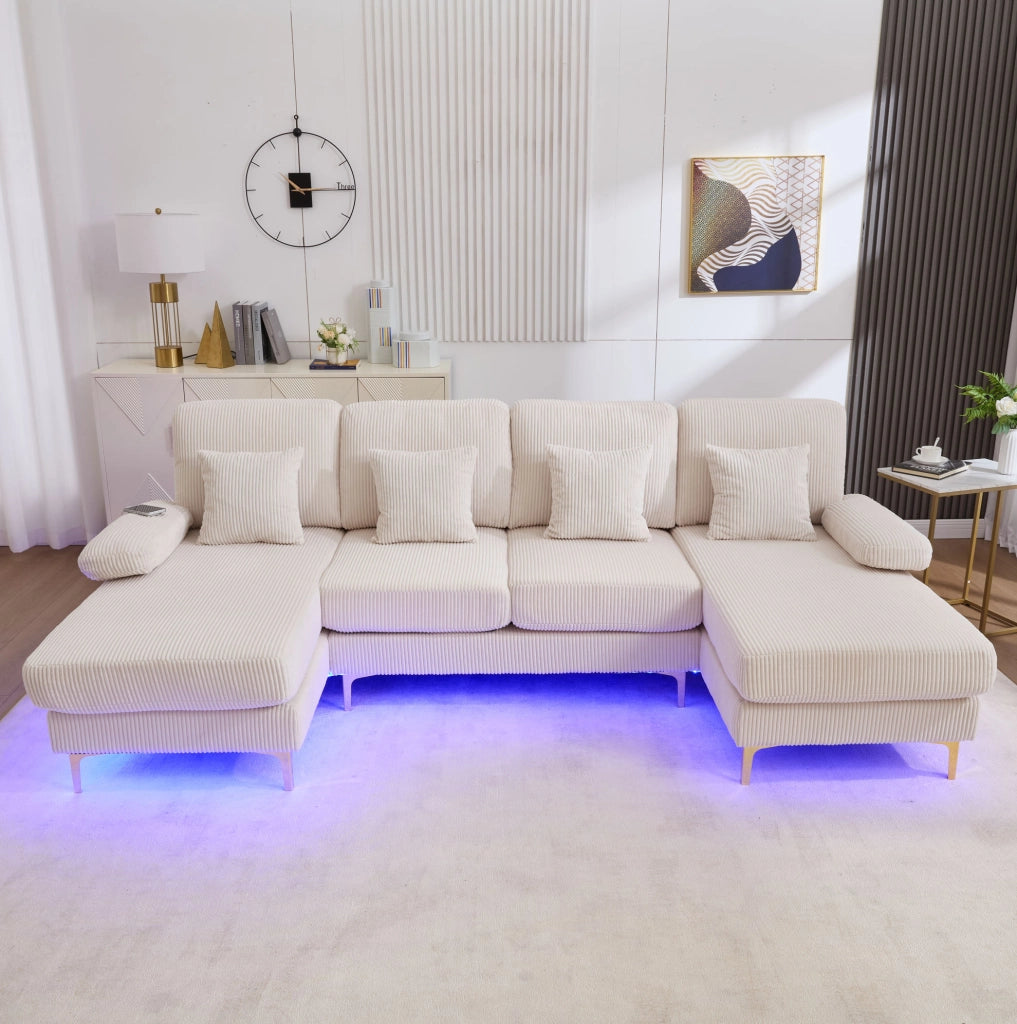 Divano a U 265x135x88 cm con illuminazione LED e porta USB in velluto beige