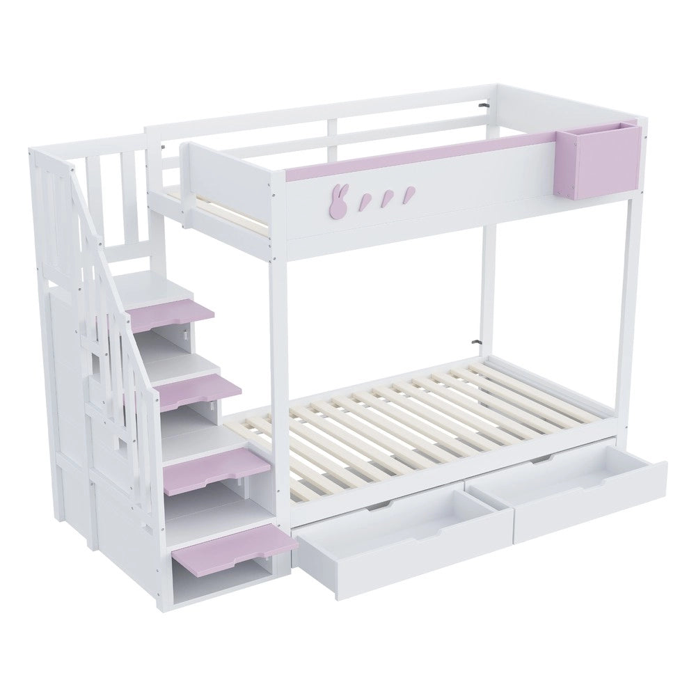 Letto a Castello Singolo con Cassetti e Doghe ¨C MINIMAL ¨C Bianco e Rosa, 90x200