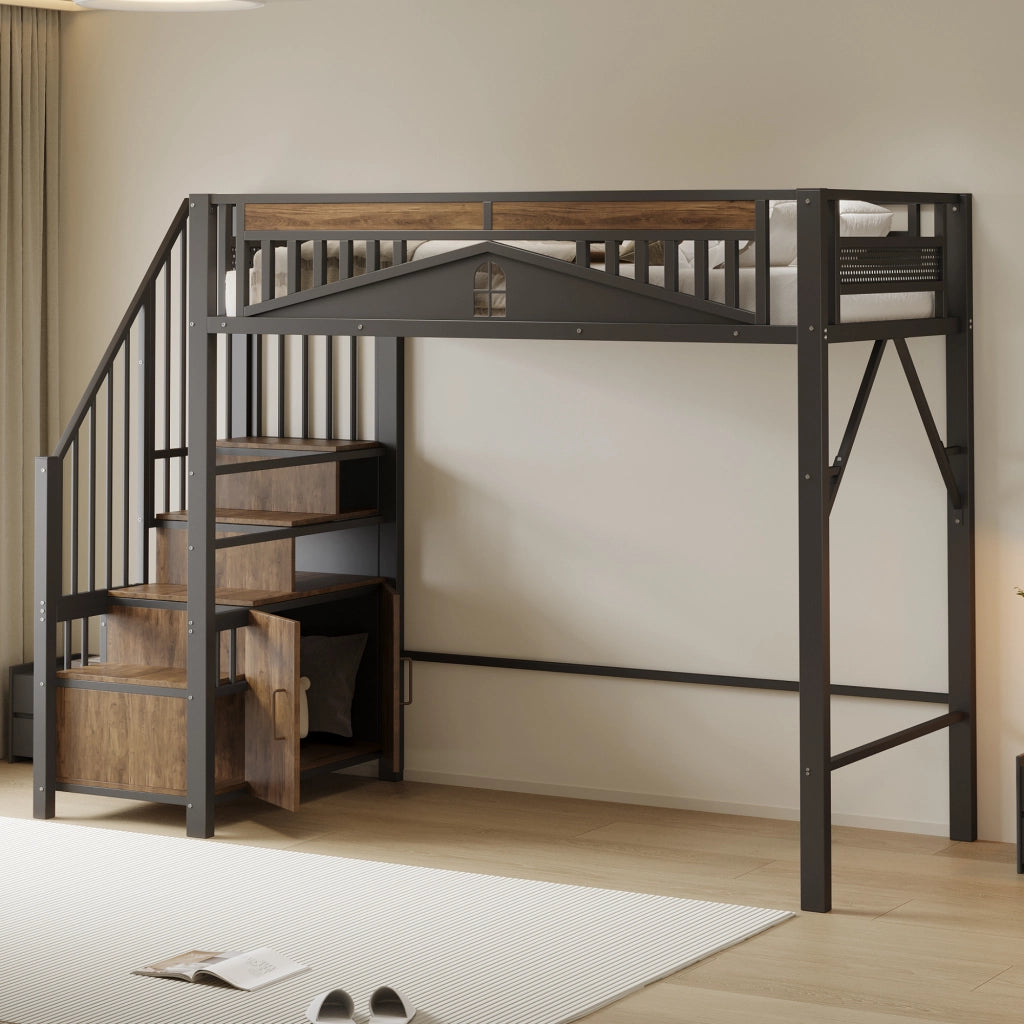 Letto a castello in metallo e legno nero 90x200 cm con recinzione di sicurezza e scala integrata