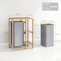 Cesto Portabiancheria 50x32x70 cm con Borsa Estraibile e Ripiano in Bambù Grigio