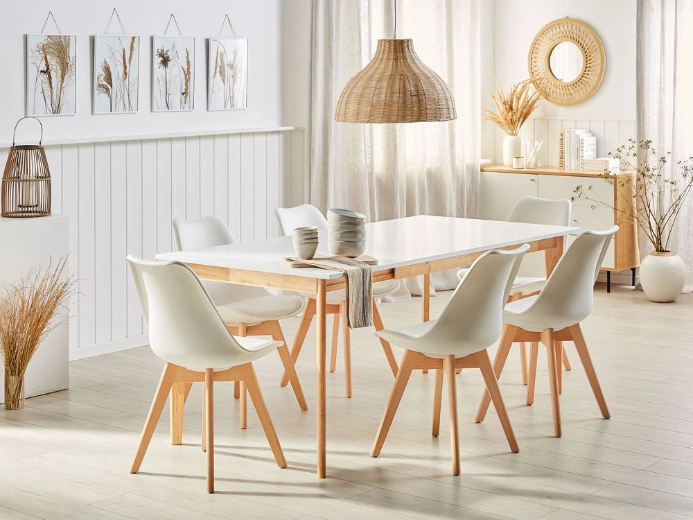 Tavolo da pranzo bianco con gambe in legno di gomma MDF in legno chiaro soggiorno allungabile