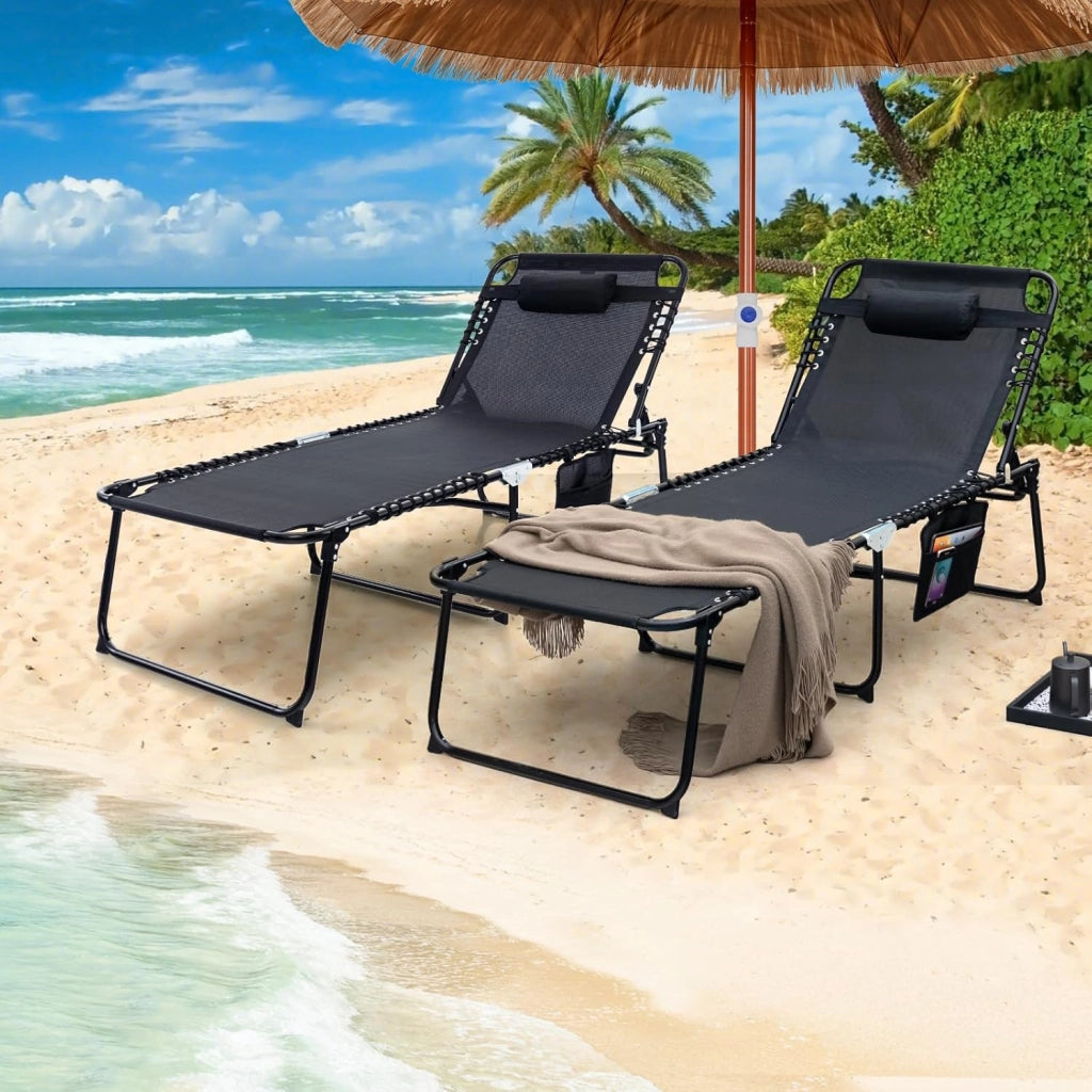 Lettino Prendisole da Giardino, Sedia a Sdraio Pieghevole con Schienale Regolabile, Cuscino Staccabile, Tasca, Portata 200 kg, 168-188 x 69 x 41-86 cm (Nero)