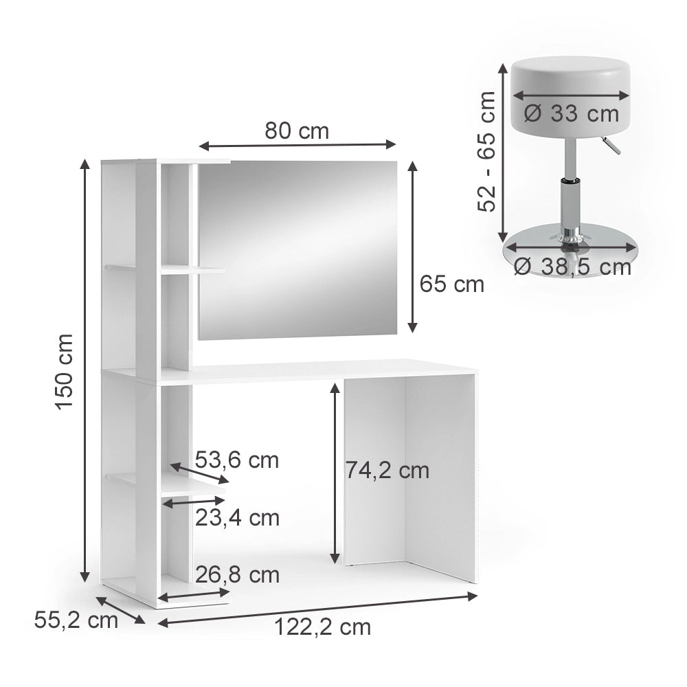 Vicco Tavolino da toilette Bianco 122.2 cm con specchio e sgabello