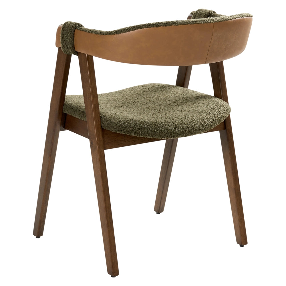 Set di 2 sedie da pranzo in tessuto boucle di poliestere marrone scuro e verde con gambe in legno di gomma in stile retrò tradizionale