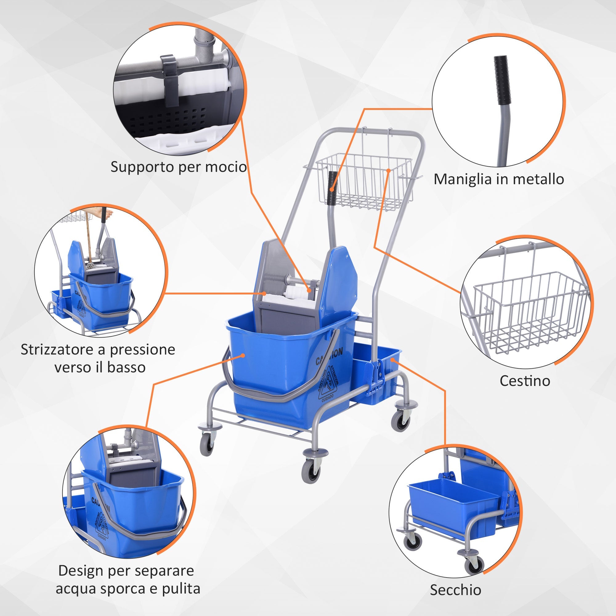 Carrello Pulizie Professionale con Secchio 25L e Strizzatore Blu
