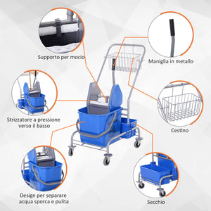 Carrello Pulizie Professionale con Secchio 25L e Strizzatore Blu