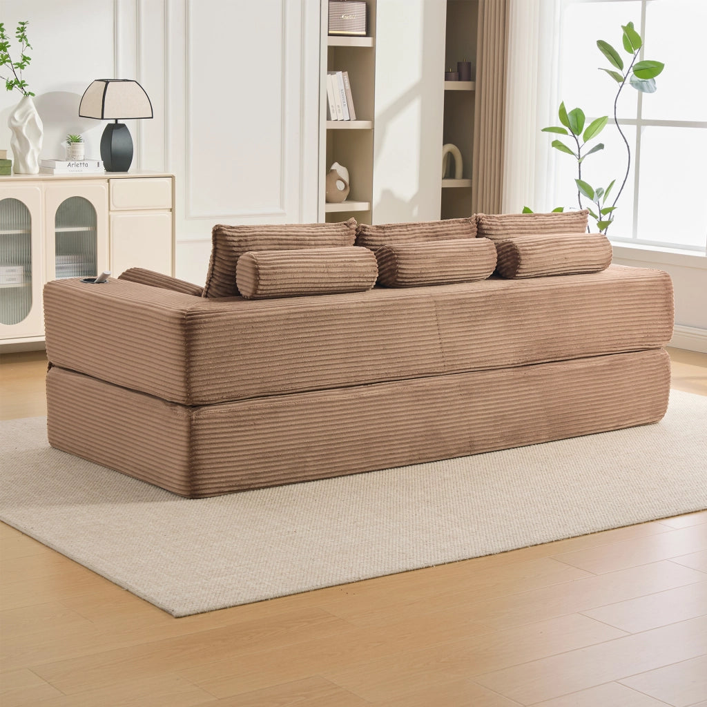 Divano letto modulare in velluto a coste marrone con tasche portabevande e cuscini memory 232 × 98 × 80 cm