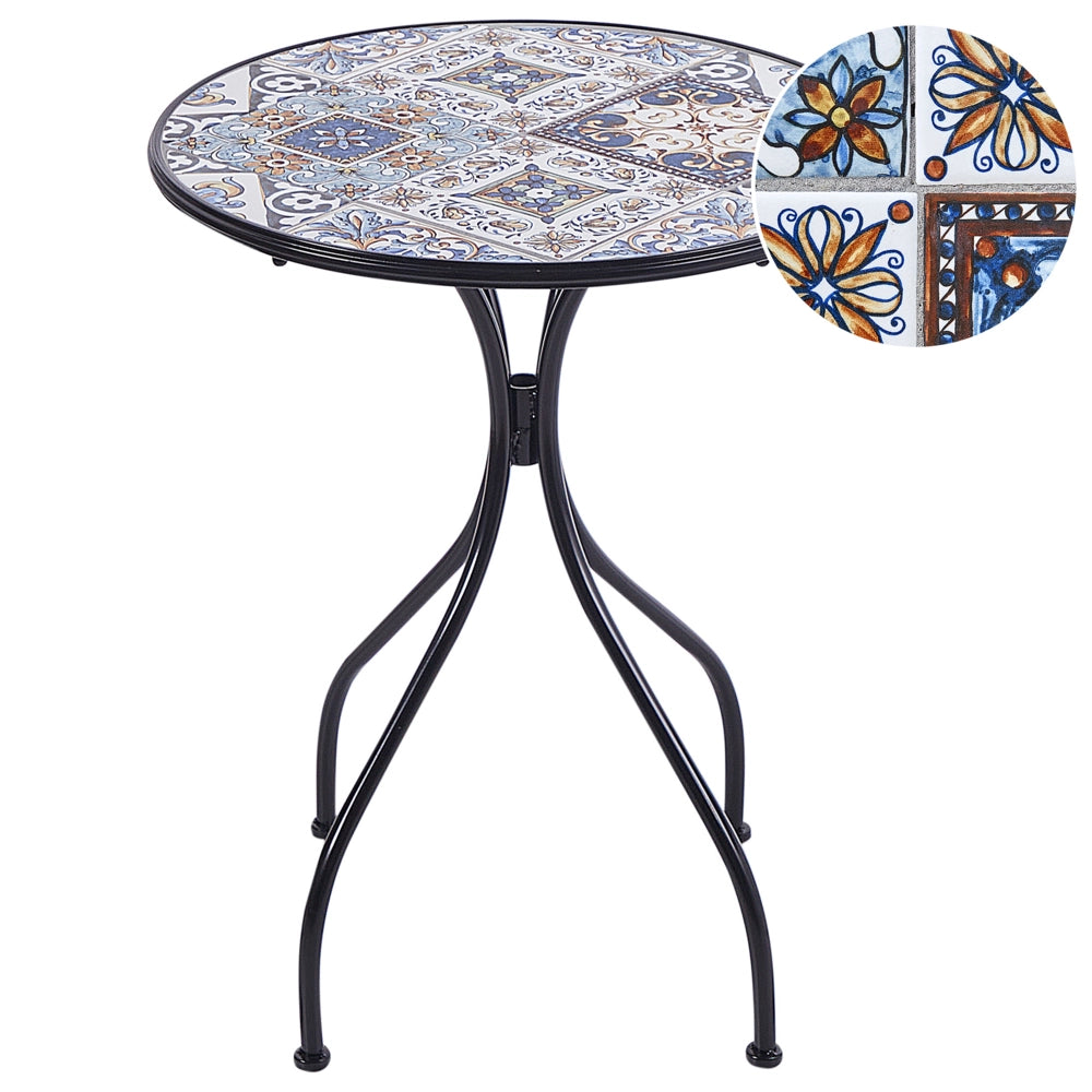 Tavolo da bistrot per esterni in metallo con piano in mosaico e struttura in ferro nero stile vintage