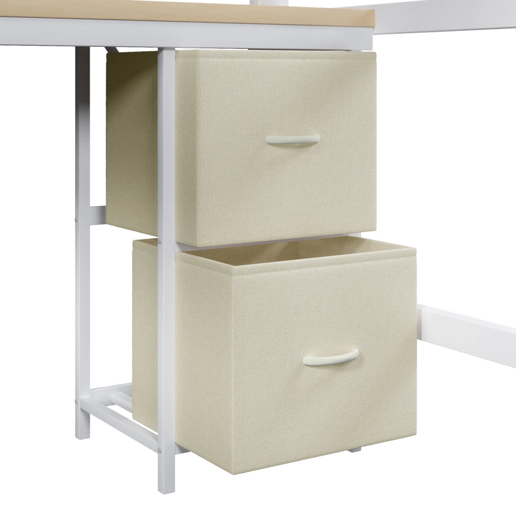 Letto a soppalco 140x200 cm con scrivania; LED e libreria in MDF e metallo bianco