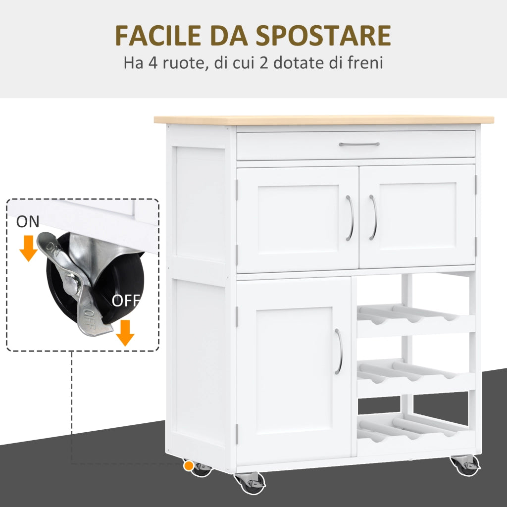 EasyComfort Carrello Cucina con Portabottiglie, 3 Ante, 4 Ruote e Cassetto, Mobiletto Cucina Salvaspazio per Microonde e Spezie in Legno, 67x37x87 cm, Bianco e Rovere