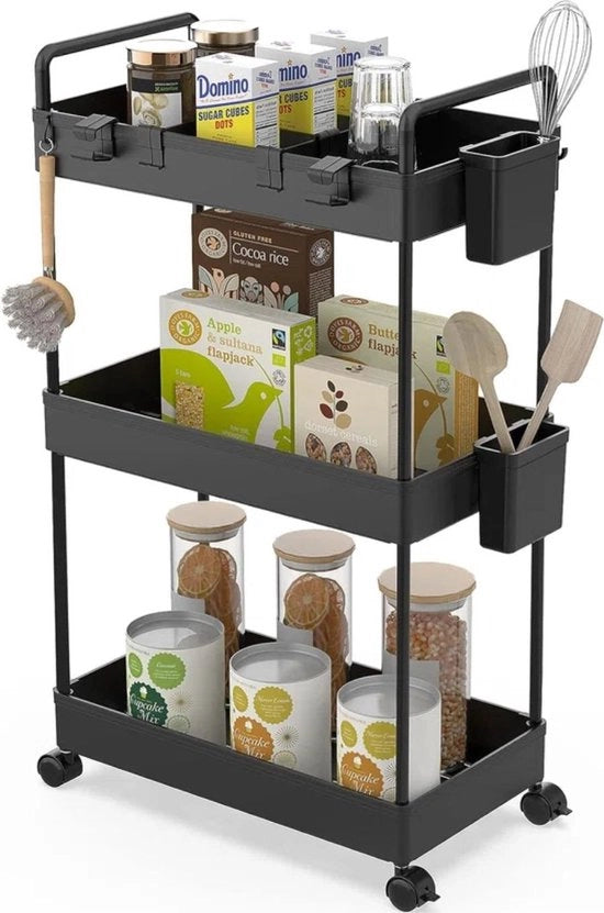Cassettiera a 3 livelli, carrello di archiviazione rotante su ruote, con contenitori appesi e separatori di spazio, per ufficio, bagno, cucina, lavanderia, ambienti stretti, nero