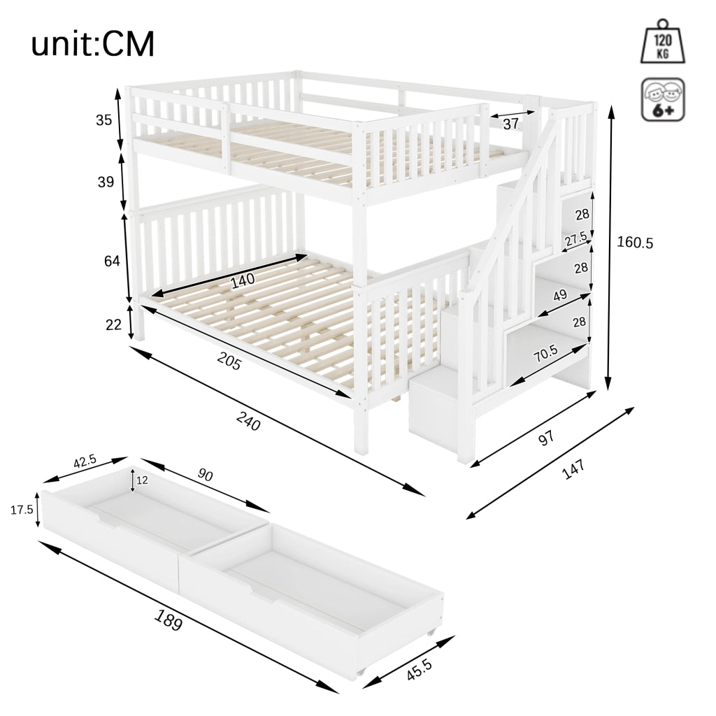 DESMIU Letto a castello 140 × 200 cm 2 posti con 2 cassetti, scaffali sulla scala e senza materasso, bianco