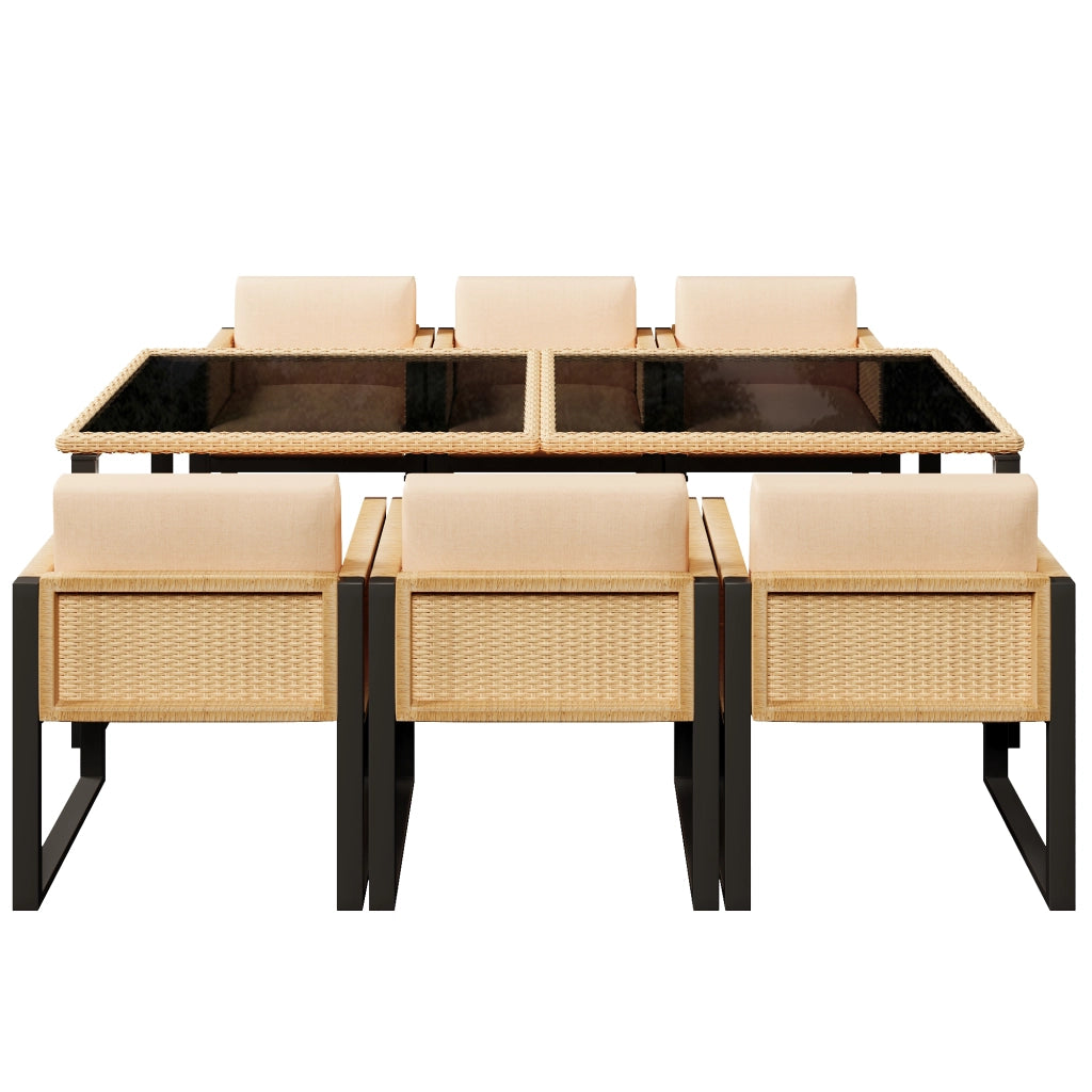 Set tavolo e sedie da giardino con tavolo e 6 sedie, cuscini sfoderabili in rattan PE nero e marrone