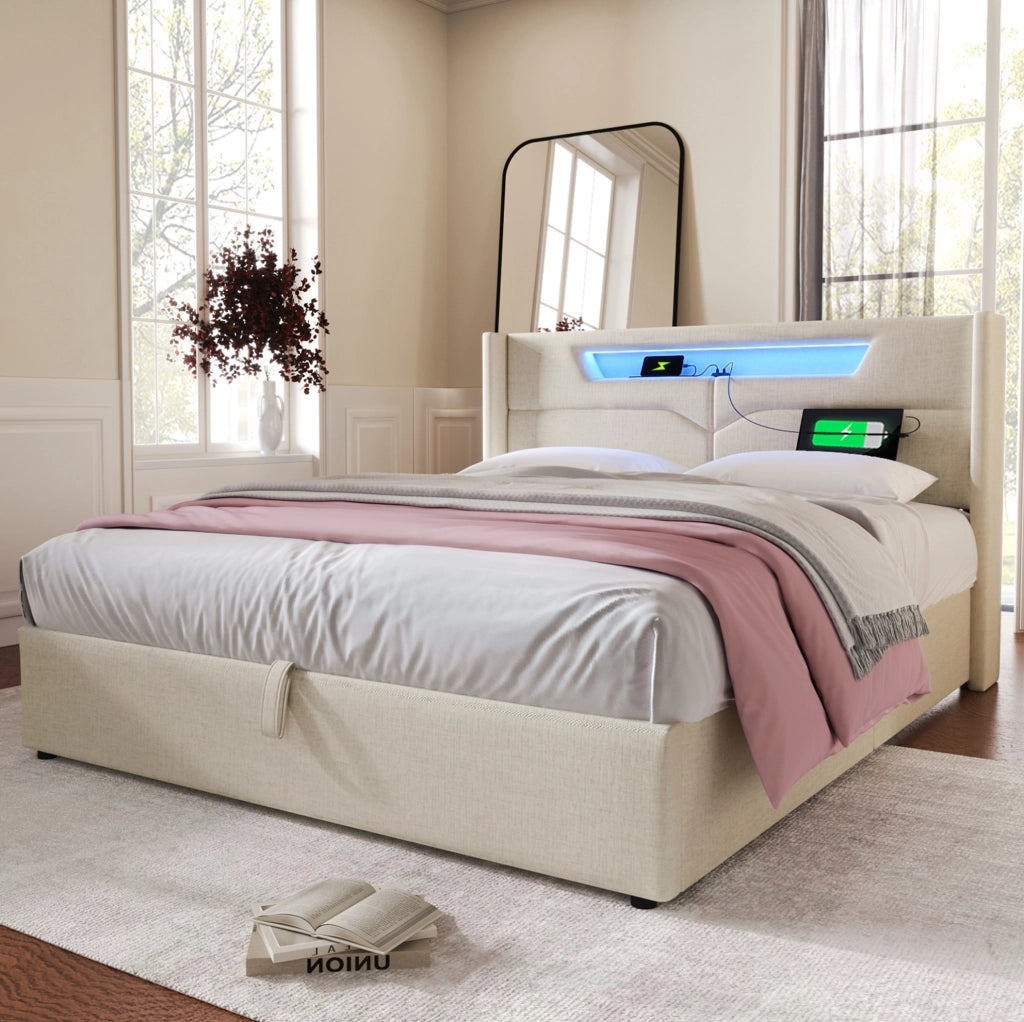 Letto imbottito 140x200 cm beige con LED, USB-C e contenitore