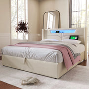 Letto imbottito 140x200 cm beige con LED, USB-C e contenitore