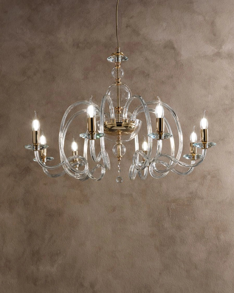 LAMPADARIO VIVALDI 8 LUCI TRASPARENTE ORO ATTACCO E14 D.88CM