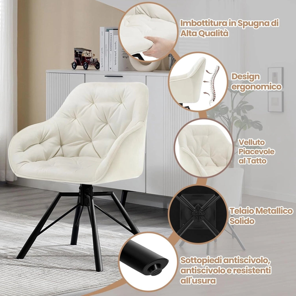 Set di 8 Sedie per Sala da Pranzo Girevoli a 360°, Sedie da Cucina Imbottite con Gambe in Metallo, Poltroncine in Velluto per Camera da Letto, Soggiorno, Ufficio, Crema EZS60cm-8