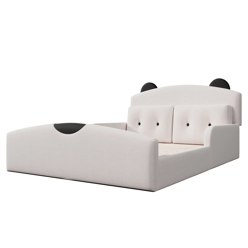 Letto per bambini 140 × 200 cm con testiera a orsetto imbottita, 2 cuscini decorativi, senza materasso, bianco