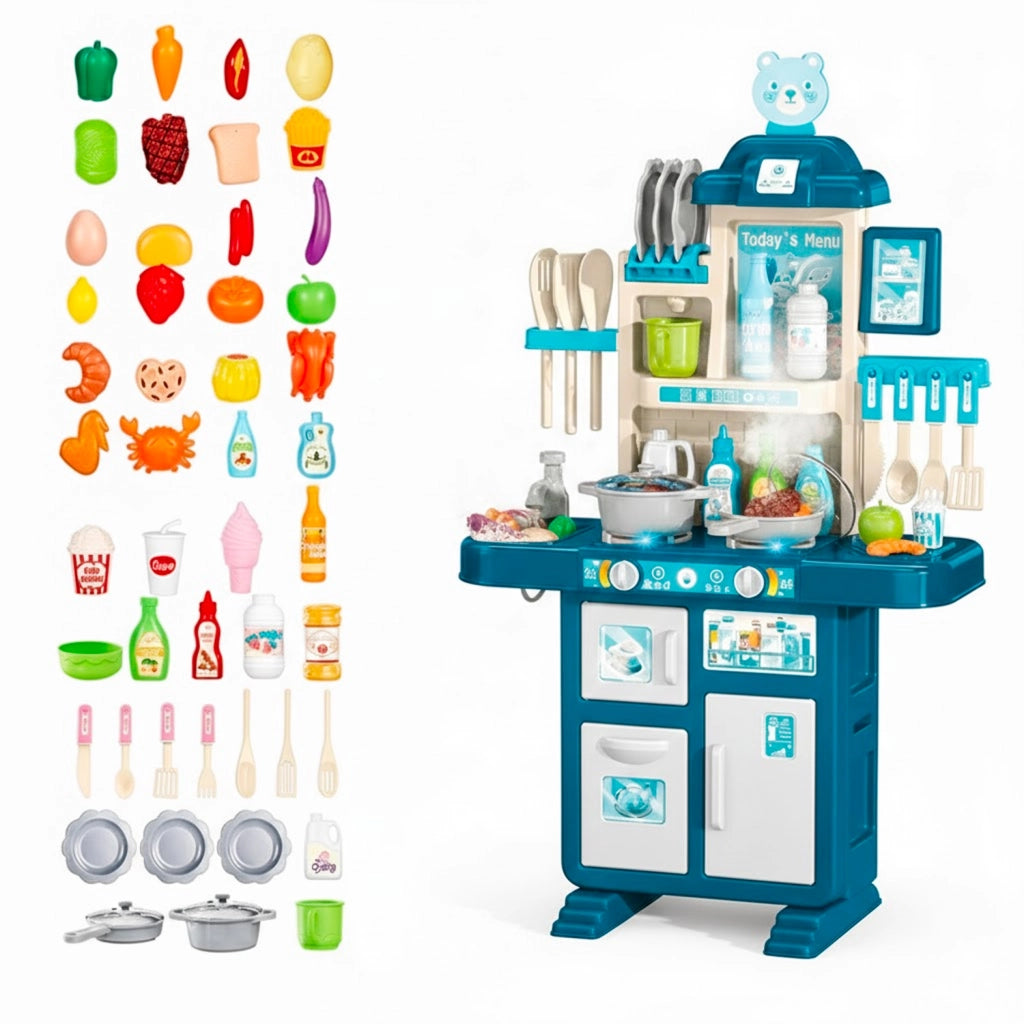 Cucina Per Bambini Giocattolo Con Luci E Suoni Realistici 69 Accessori Fornelli E Rubinetto Con Sistema Di Riciclo Dell'Acqua Per Bambini Dai 3-5 Anni Blu E Bianco