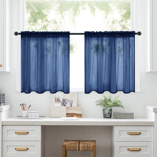 Due pezzi di stoffa per tenda Trinitron corta con supporto rosso e filo di cucitura, semi-oscuro per cucina e bagno - 76 cm x 92 cm - Blu marino