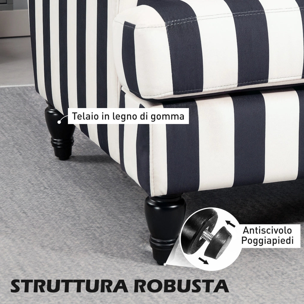 Poltrona da Salotto con Seduta Ampia in Velluto a Righe con Molle a S, 115x82x82 cm, Nero e Bianco