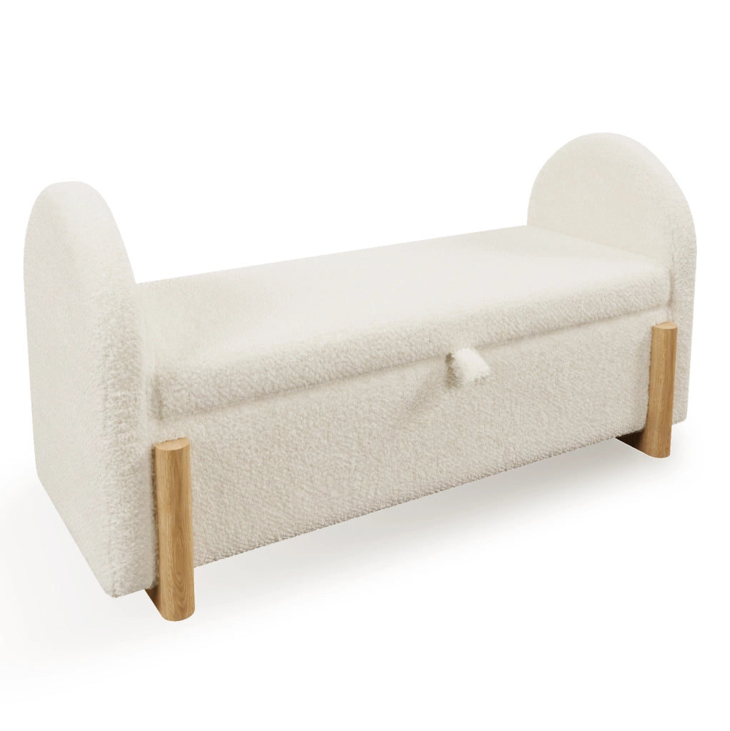 Panca contenitore imbottita con apertura idraulica 106x47x61 cm; bouclé bianco