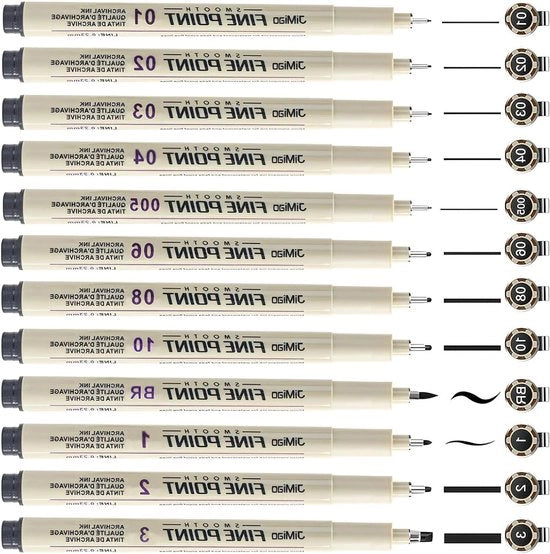 Set di pennarelli a sanguigna 12 pezzi per calligrafia pennarelli a velluto neri con diverse larghezze di linea pennarelli acqua-resistenti per artisti illustrazioni schizzi tecnici - Micron