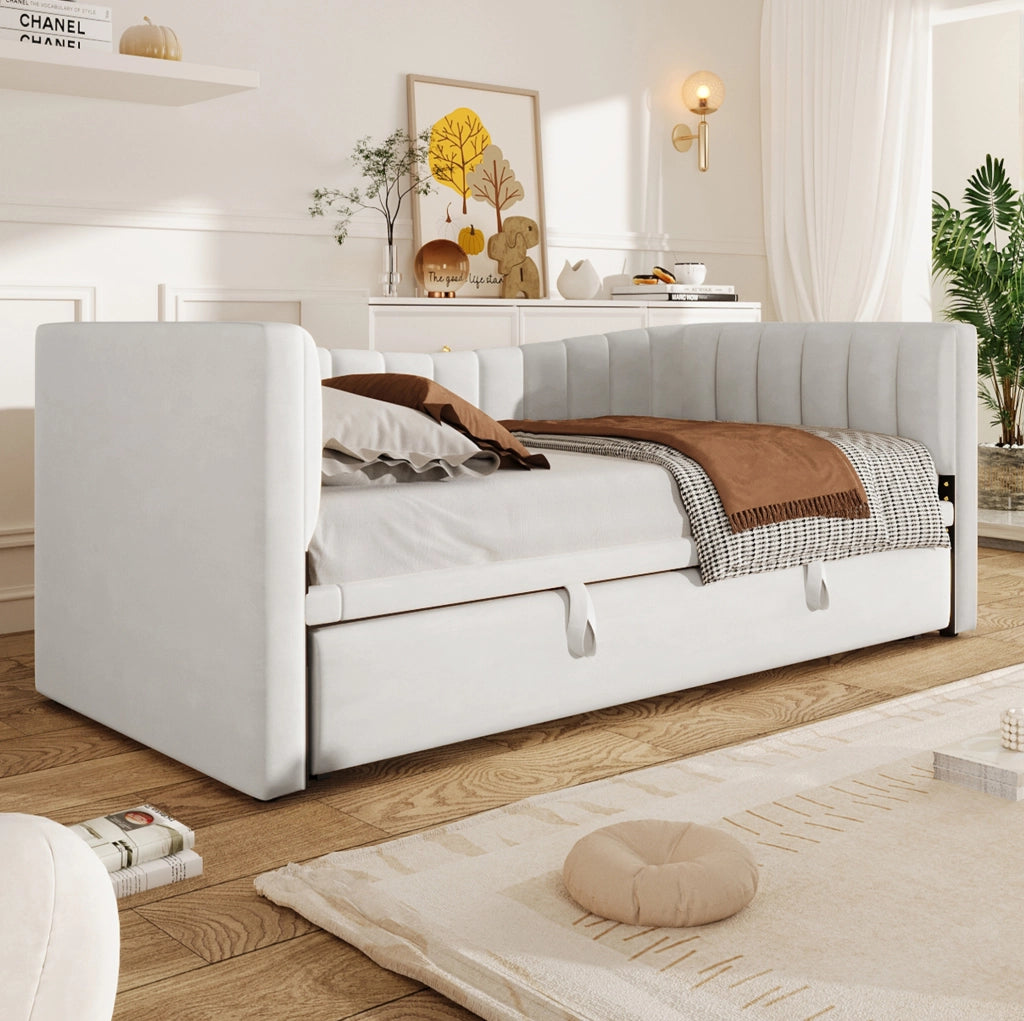 Divano letto 215x196.5x75 cm con letto estraibile; facile da pulire; velluto; bianco