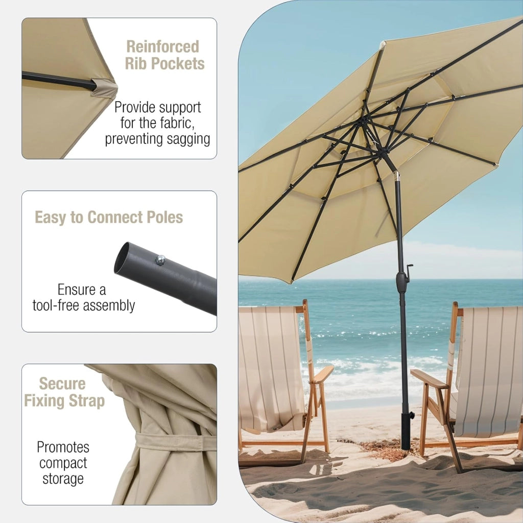 φ3 m Ombrellone da giardino, Tripla baldacchino, Ombrellone inclinabile, Angolo regolabile, Ombrellone da esterno, protezione solare, per terrazza, balcone, altezza di 240 cm