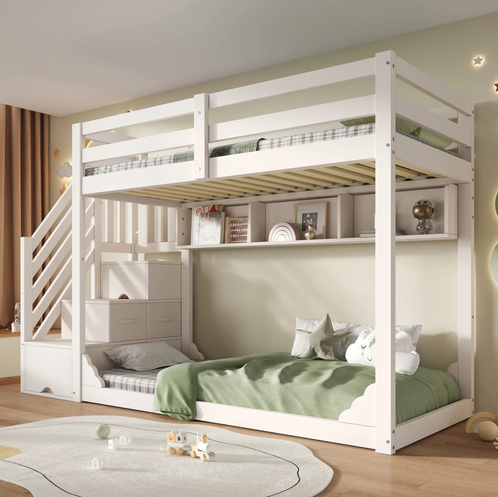 Letto a castello 90x200 cm bianco con scala contenitore