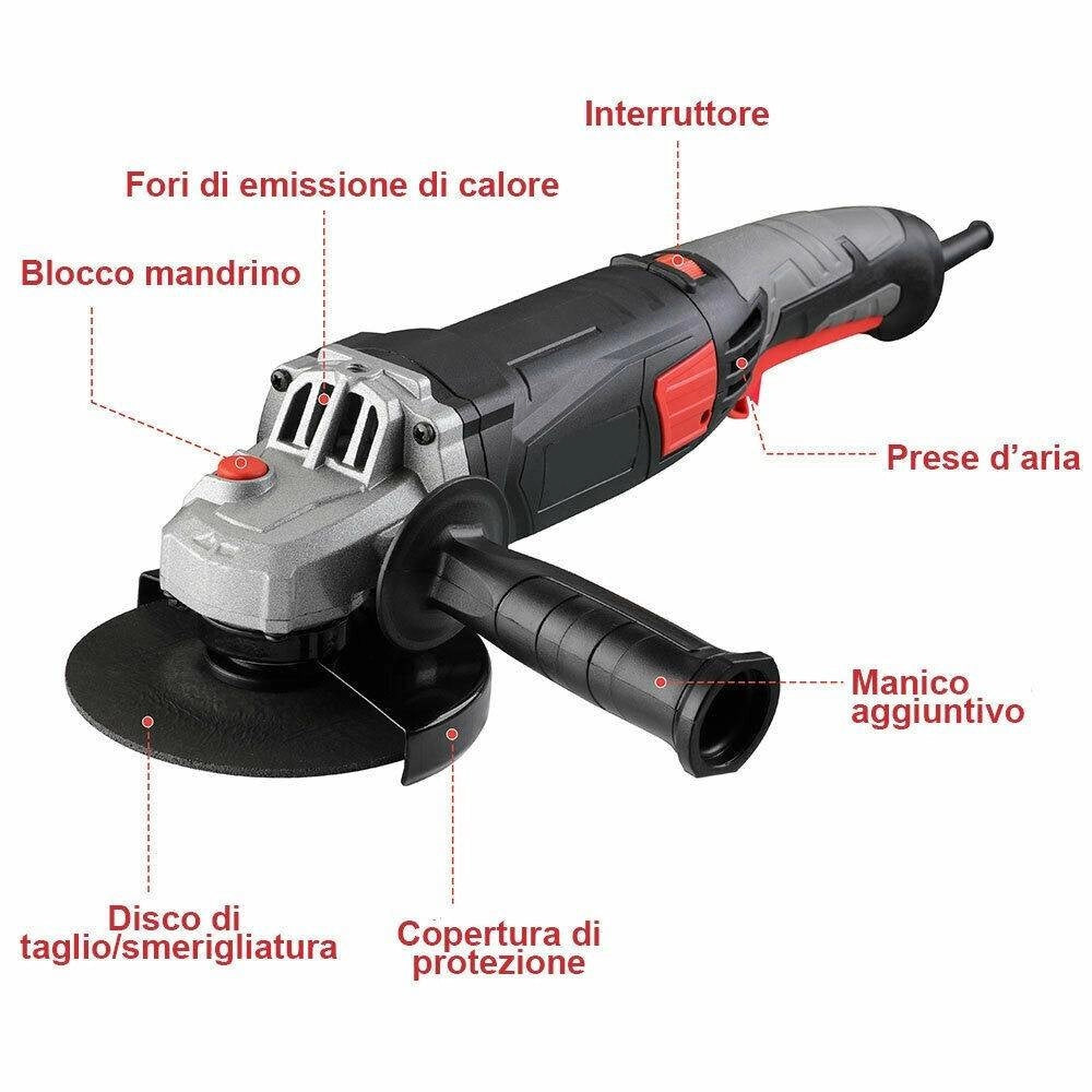 Trade Shop - Smerigliatrice Angolare 870w Flex Frullino 125mm Velocita Regolabile 6 Dischi -
