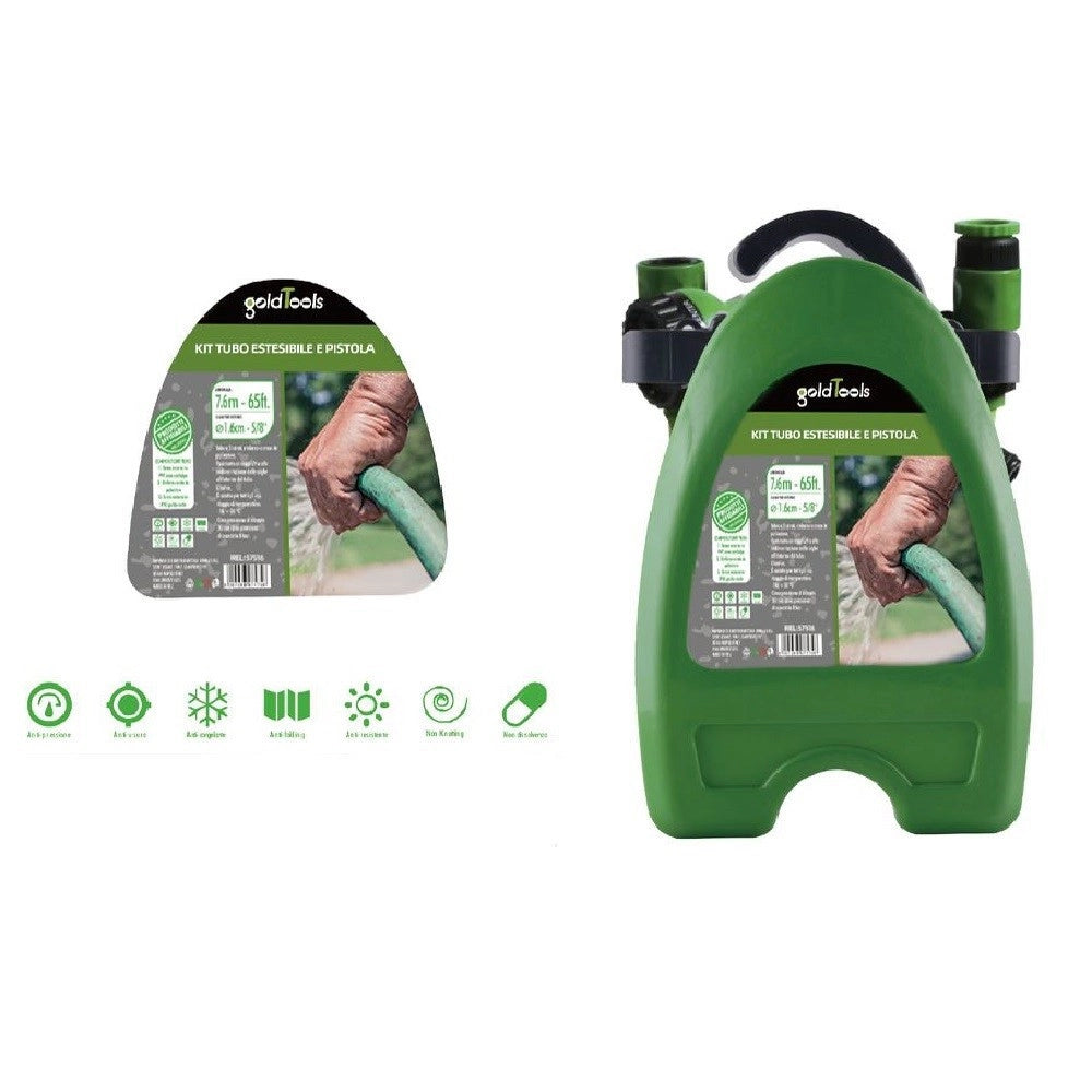 Trade Shop - Kit Tubo Estensibile Avvolgibile 7.6mt Pistola Irrigazione Giardino Staffa 57516 -