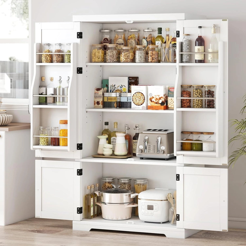 Mobiletto Multiuso con 4 Ante in Legno, Credenza Cucina Salvaspazio con 2 Ripiani Regolabili e 1 Armadio, Mobile Buffet per Sala da Pranzo, Soggiorno, 76,5 x 40 x 139 cm, Bianco(In 2 Pacchi)