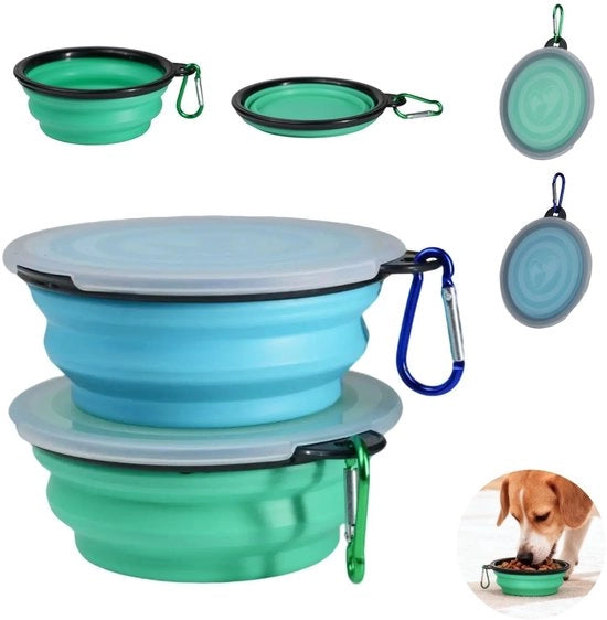 2 contenitori portatili pieghevoli, muniti di gancio da parete, bocchette di silicone impermeabili per cani e gatti, ideali per acqua e cibo (450 ml, verde chiaro e blu chiaro)