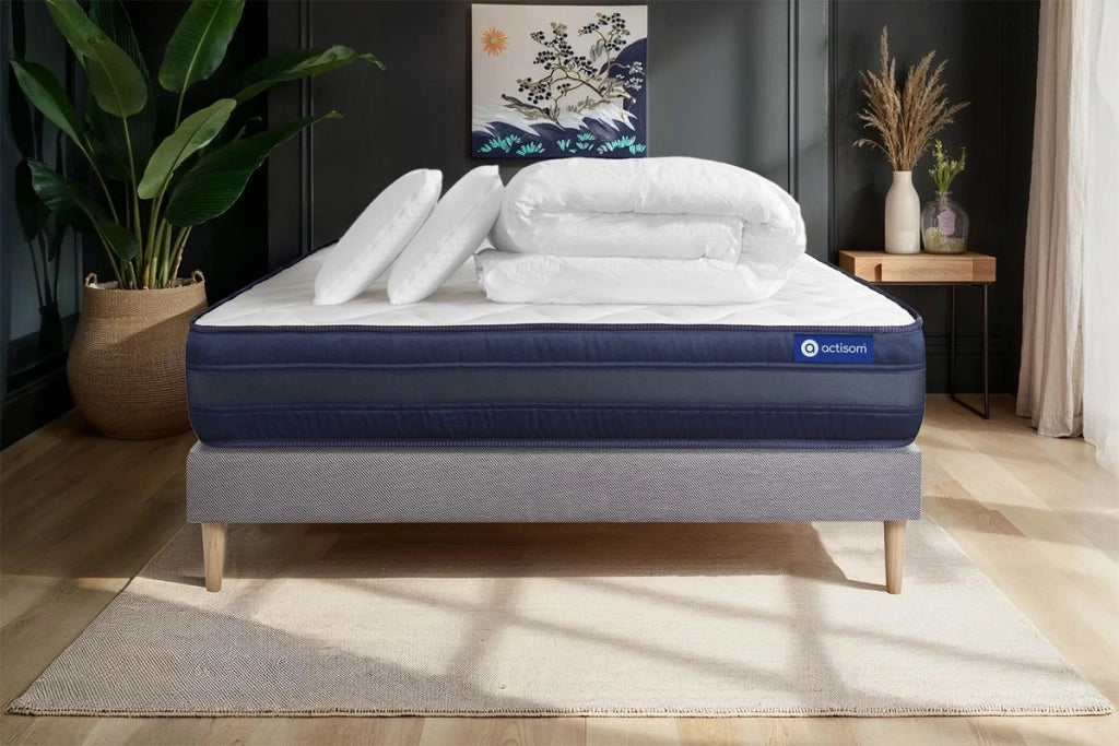 Pacchetto letto completo - Materasso 160x200cm + Box spring con doghe (kit) + 2 cuscini + Piumino - Actilatex Tech