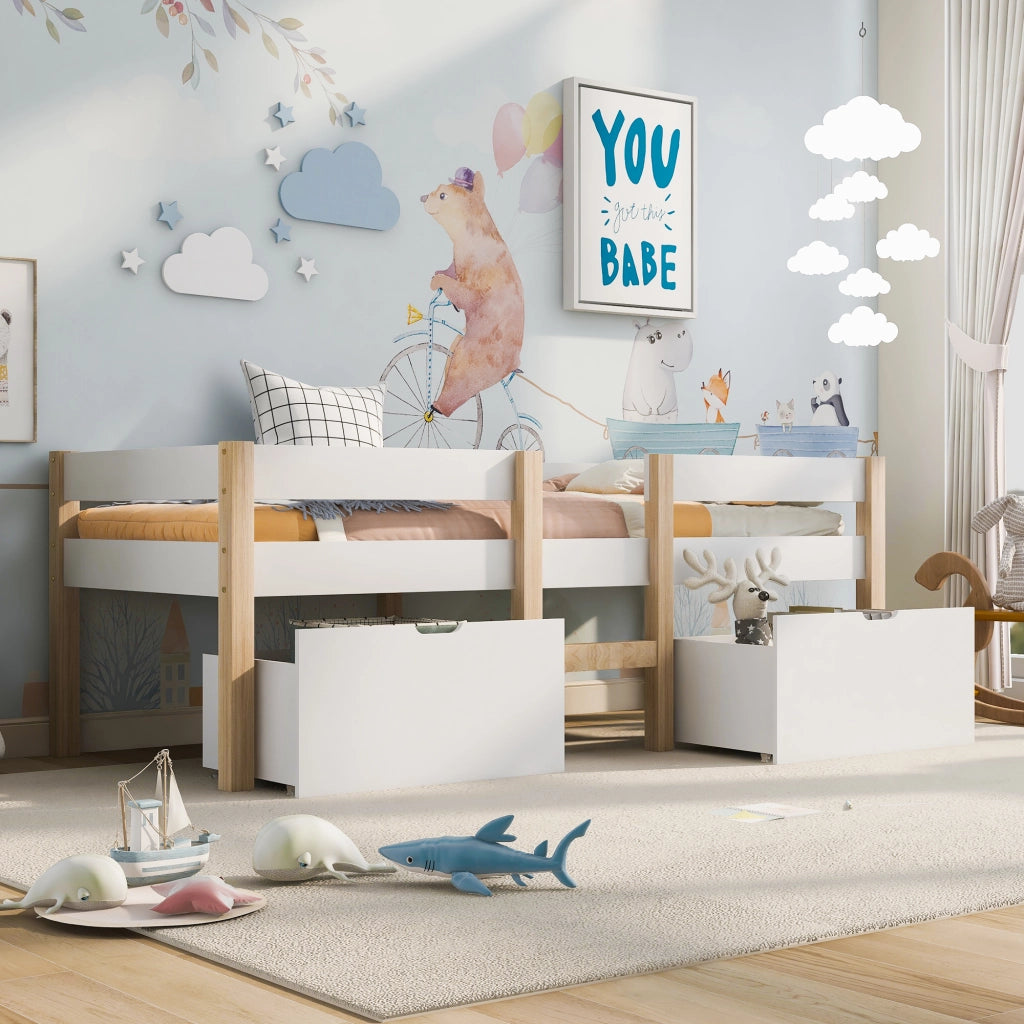 Letto per bambini semicastello in legno massello di pino 90x200 cm con cassetti, bianco