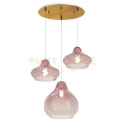 SOSP. OTTONE SATINATO 3 LUCI TONDA VETRI (2 X PICCOLO + 1 X GRANDE) TUTTI RUBINO 1191OS-S3 TMIX-RU