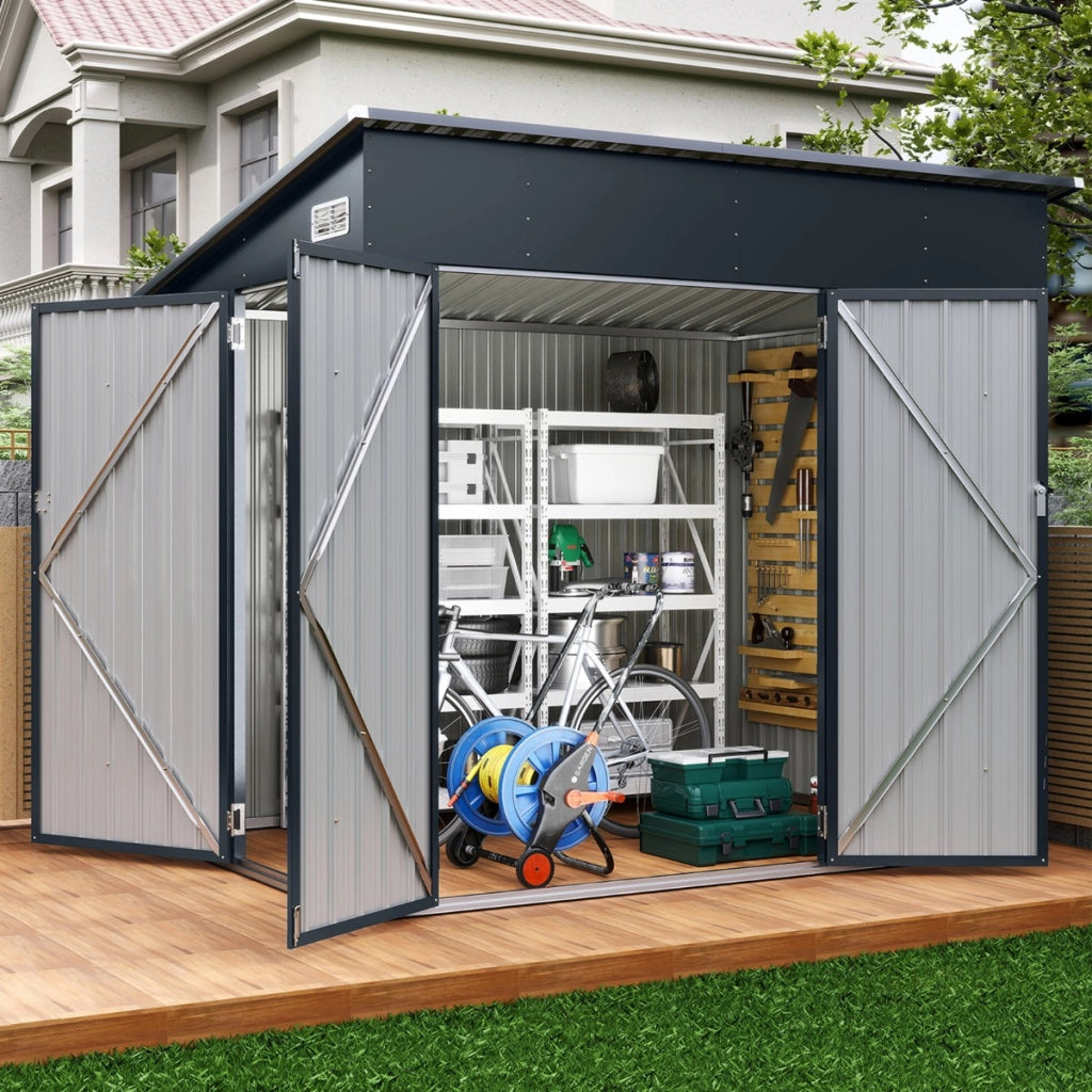 Capanno esterno bloccabile con tetto inclinato per cortile e patio, Capanno da giardino per attrezzi e biciclette Grigio scuro-Casette da giardino