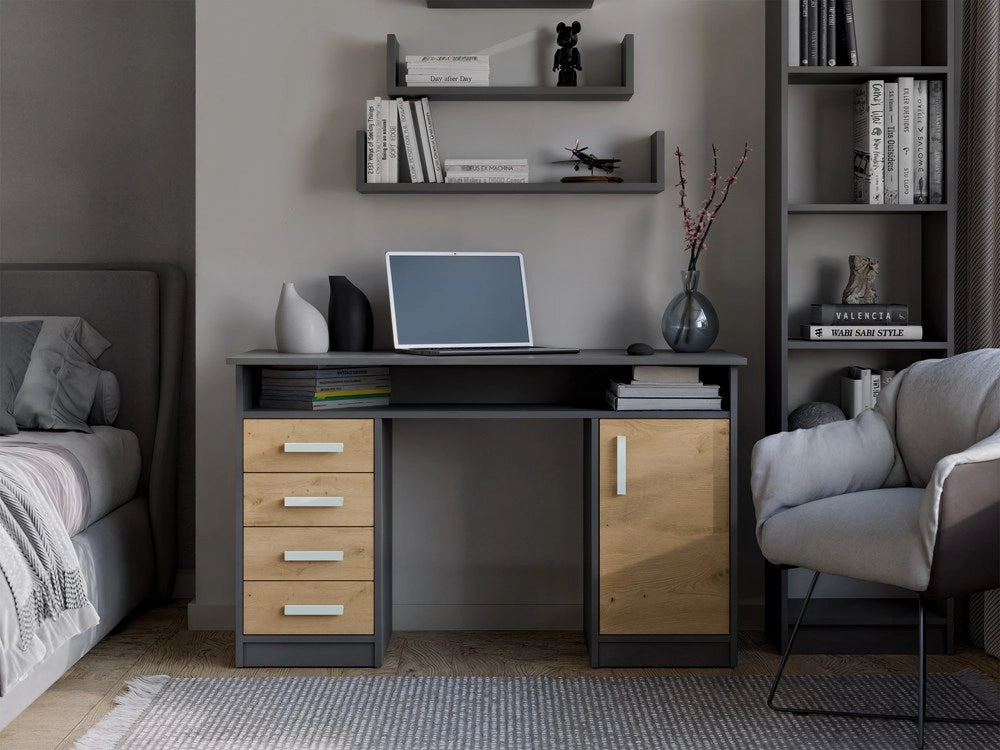 Scrivania ADA antracite rovere artisan 125 cm 4 cassetti mobile con ripiani per ufficio camera e laptop