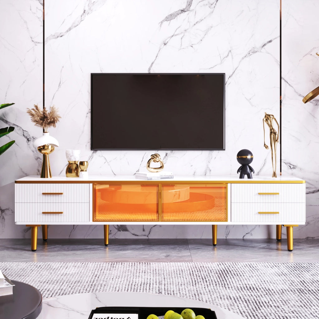 Mobile TV con 4 Cassetti; 2 Ante in Vetro Temperato e LED; Effetto Marmo; Stile Moderno; 170¡Á37¡Á47;5 cm; Bianco