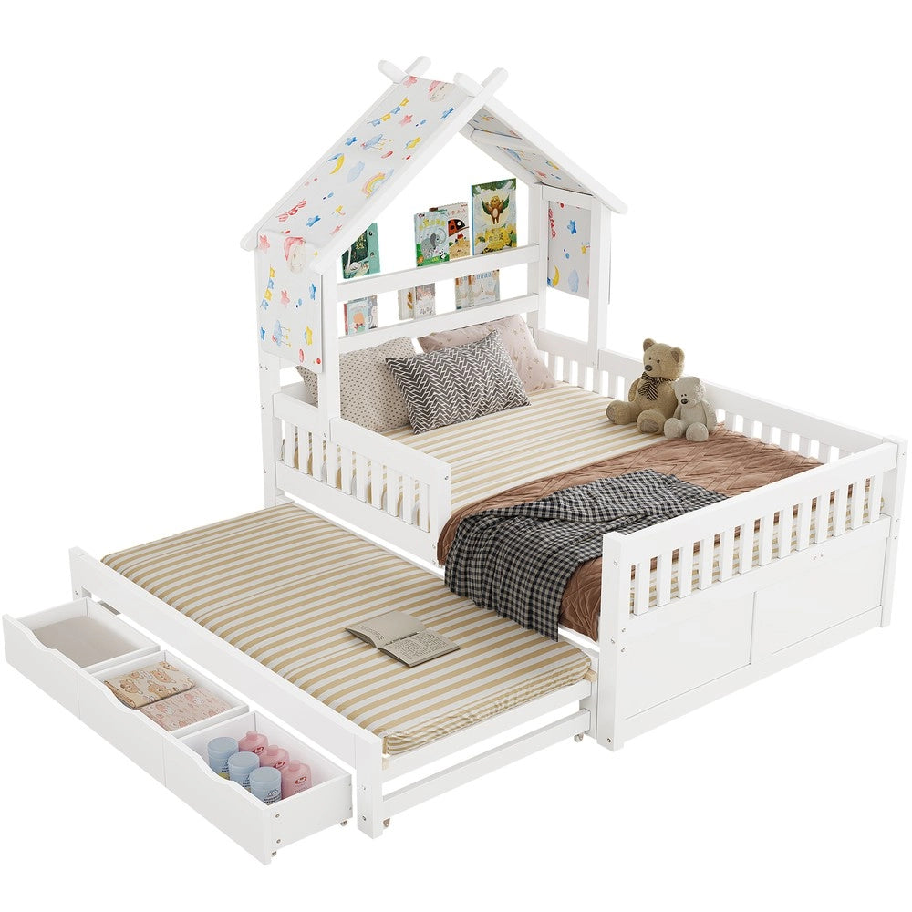 Letto Casetta con Letto Estraibile, 3 Cassetti e Sponde ¨C Xylo ¨C Bianco 140x200