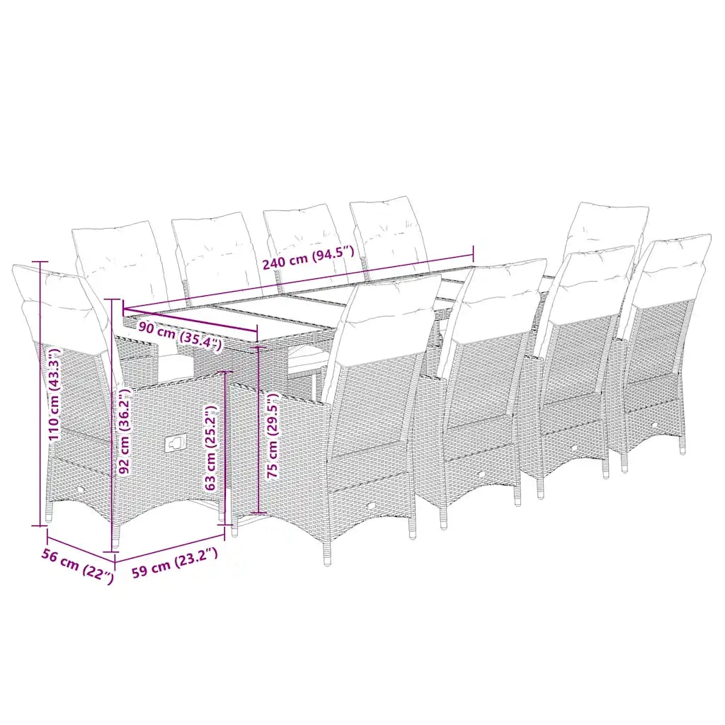 Set BistrÃ² da Giardino 11 pz con Cuscini in Polyrattan Grigio