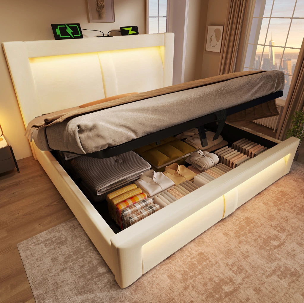Letto matrimoniale 180x200 cm con contenitore; LED e porte USB Tipo C; velluto beige